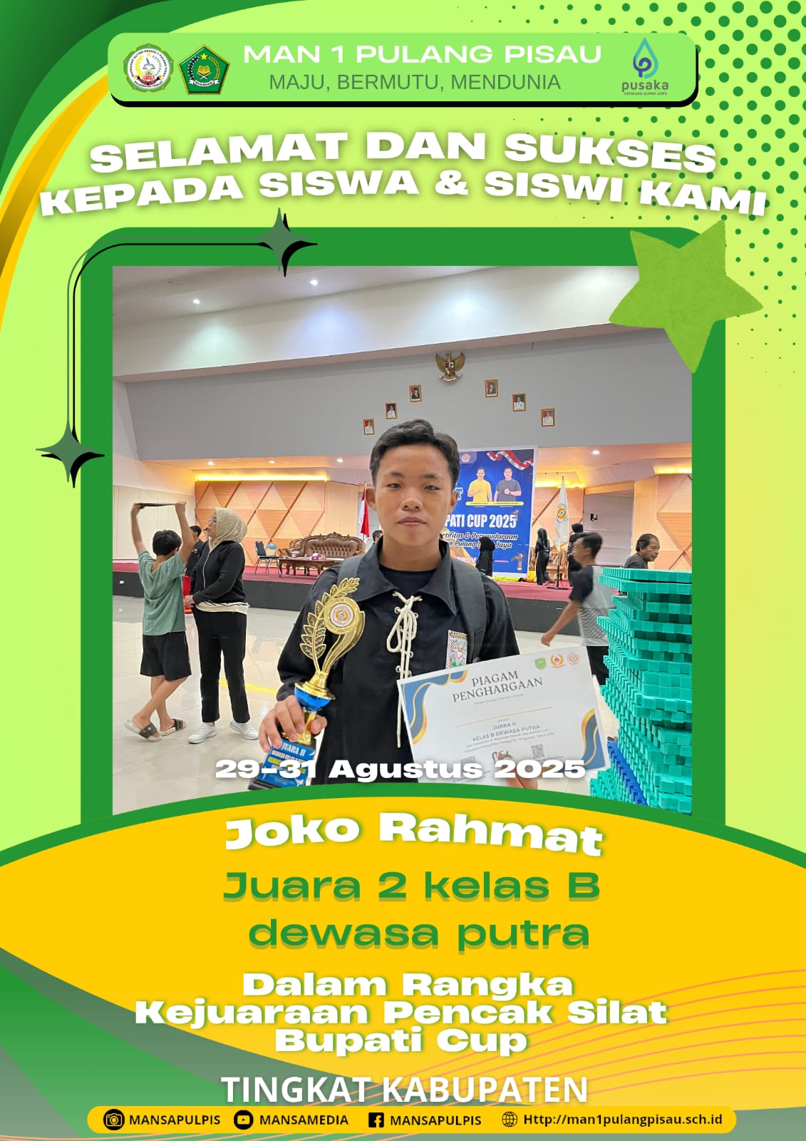SISWA MAN 1 PULANG PISAU PLUS KETERAMPILAN BERHASIL MERAIH JUARA 2 KELAS B DEWASA PUTRA KEJUARAAN PENCAK SILAT BUPATI CUP 2025